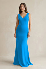 V - Neck Sheath Satin Maxi Bridesmaid Dress in Blue Jay - KissProm Bridesmaid Dresses
