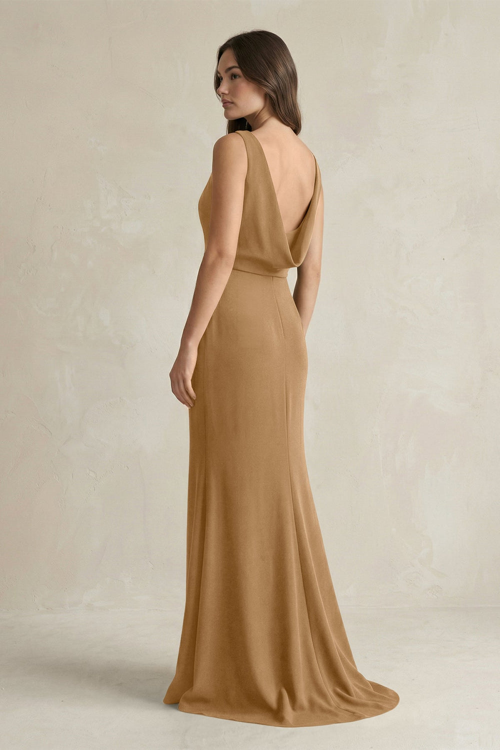V - Neck Sheath Satin Maxi Bridesmaid Dress in Bronzer - KissProm Bridesmaid Dresses