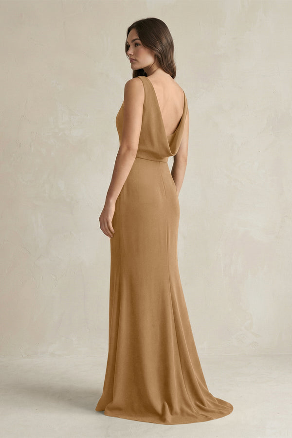 V - Neck Sheath Satin Maxi Bridesmaid Dress in Bronzer - KissProm Bridesmaid Dresses