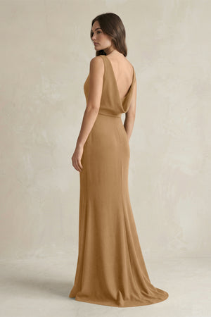 V - Neck Sheath Satin Maxi Bridesmaid Dress in Bronzer - KissProm Bridesmaid Dresses