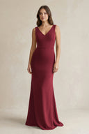 V - Neck Sheath Satin Maxi Bridesmaid Dress in Burgundy - KissProm Bridesmaid Dresses