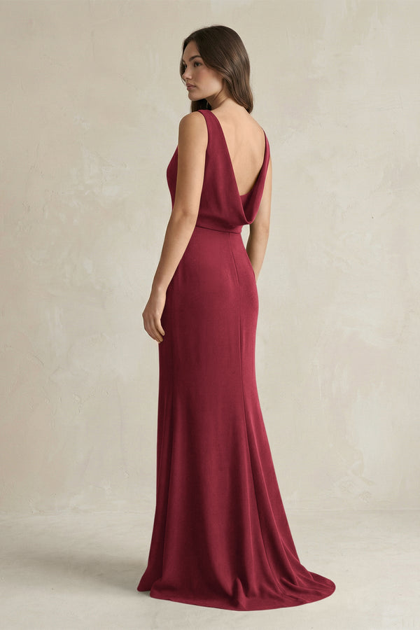 V - Neck Sheath Satin Maxi Bridesmaid Dress in Burgundy - KissProm Bridesmaid Dresses