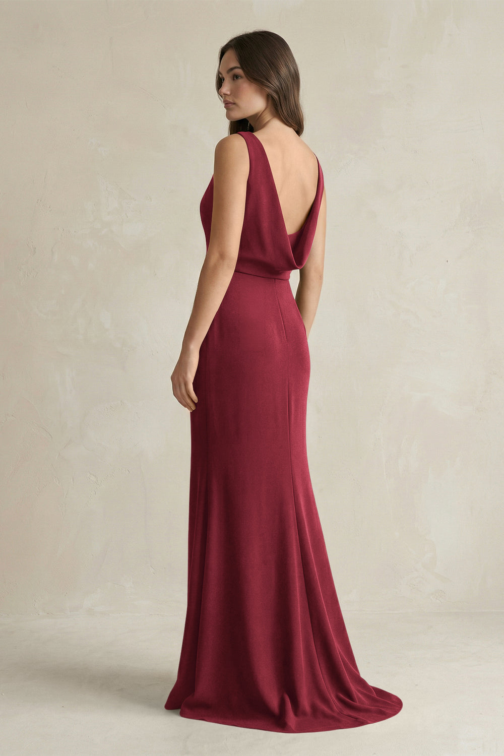 V - Neck Sheath Satin Maxi Bridesmaid Dress in Burgundy - KissProm Bridesmaid Dresses