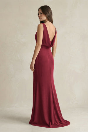 V - Neck Sheath Satin Maxi Bridesmaid Dress in Burgundy - KissProm Bridesmaid Dresses