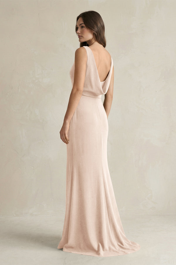 V - Neck Sheath Satin Maxi Bridesmaid Dress in Buttercream - KissProm Bridesmaid Dresses