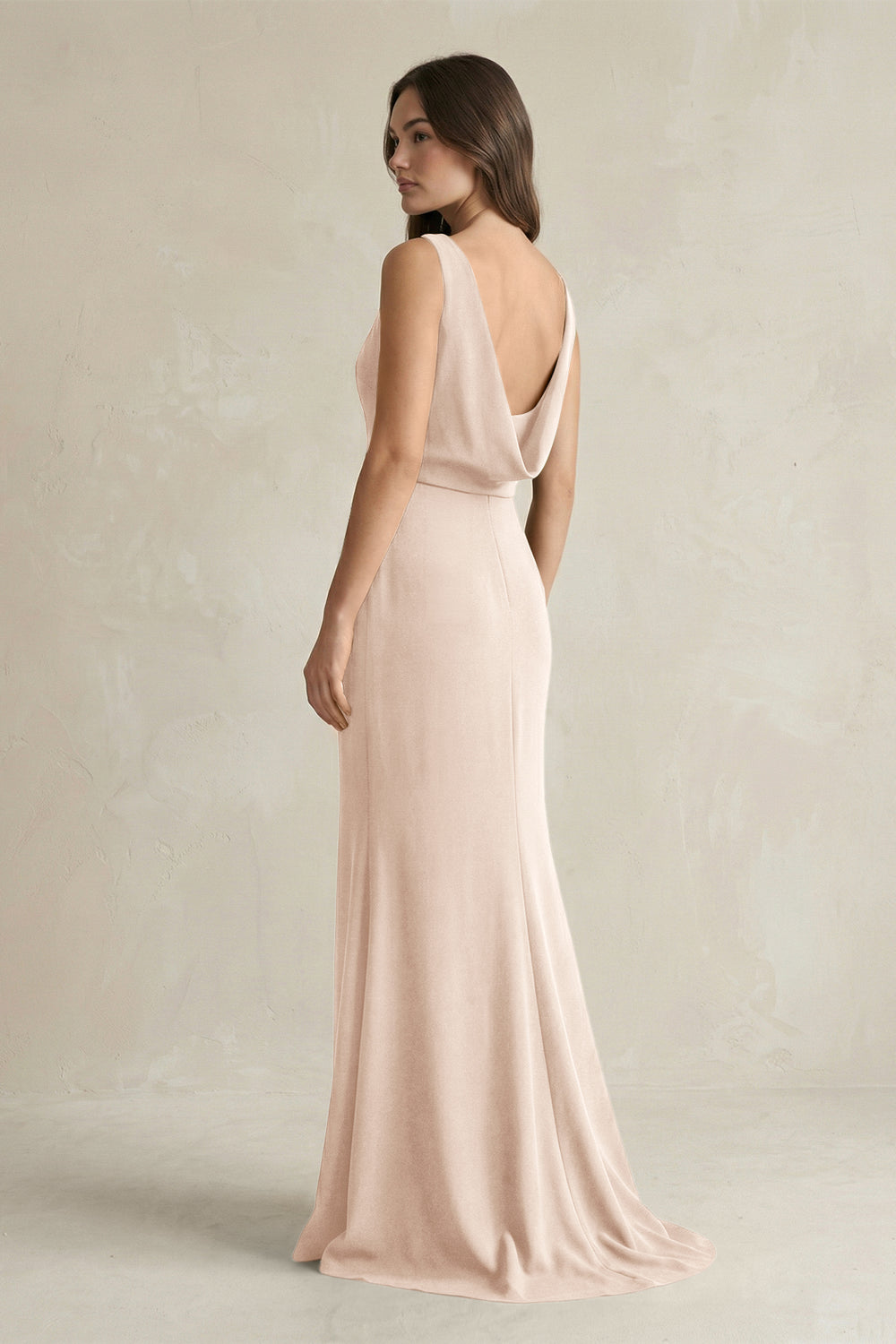 V - Neck Sheath Satin Maxi Bridesmaid Dress in Buttercream - KissProm Bridesmaid Dresses