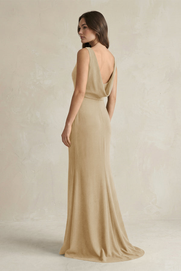 V - Neck Sheath Satin Maxi Bridesmaid Dress in Champagne - KissProm Bridesmaid Dresses