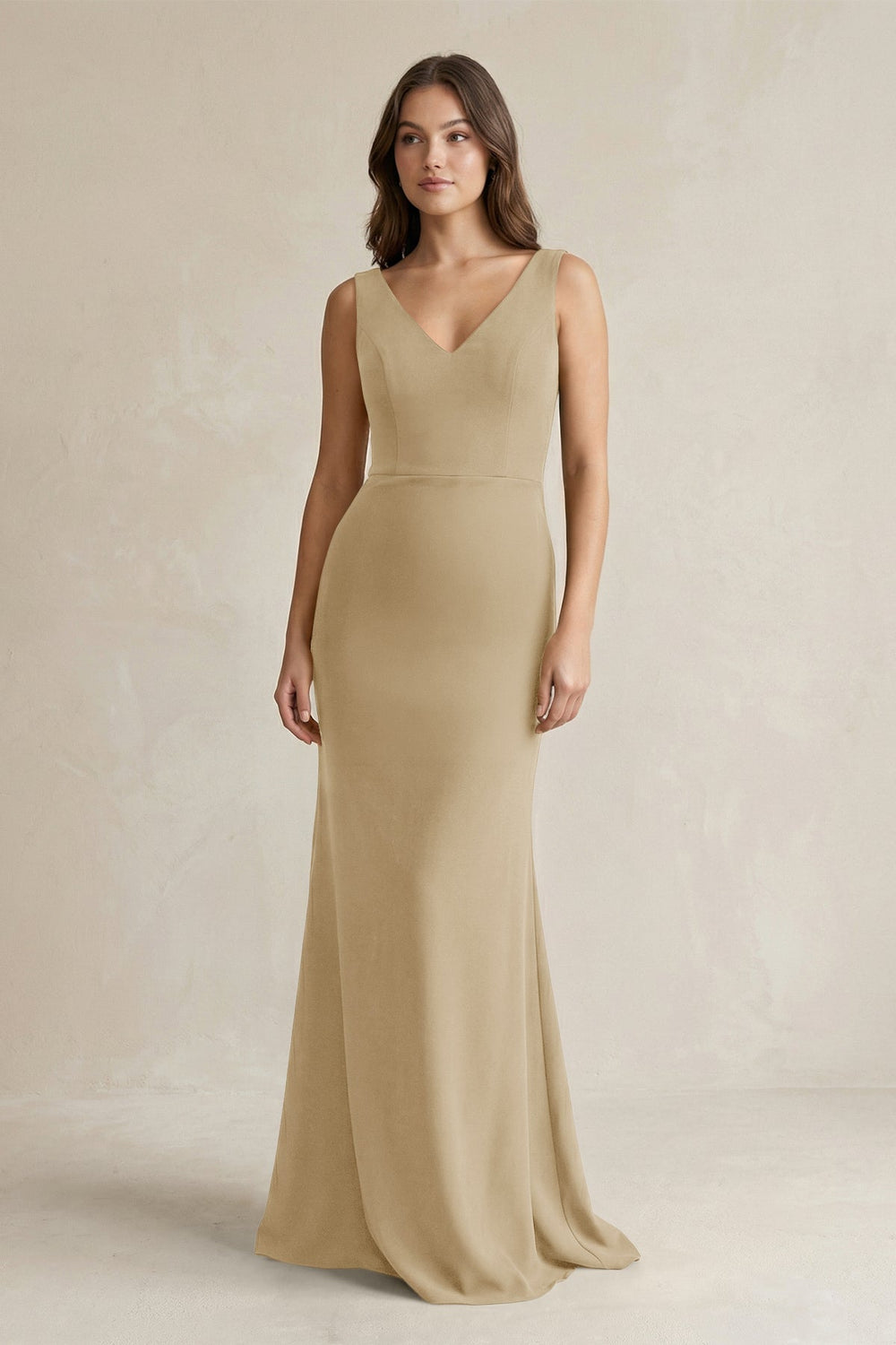 V - Neck Sheath Satin Maxi Bridesmaid Dress in Champagne - KissProm Bridesmaid Dresses