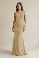 V - Neck Sheath Satin Maxi Bridesmaid Dress in Champagne - KissProm Bridesmaid Dresses