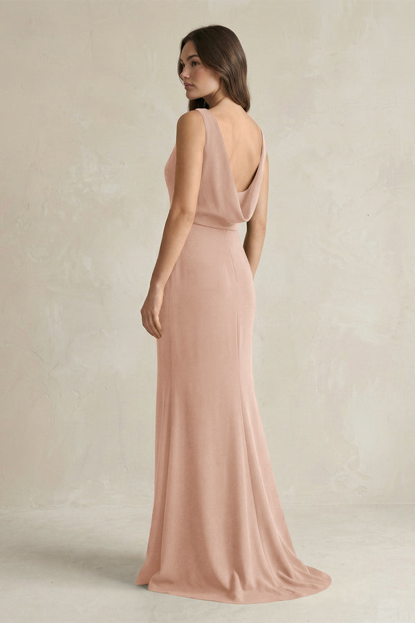 V - Neck Sheath Satin Maxi Bridesmaid Dress in Champagne Rose - KissProm Bridesmaid Dresses