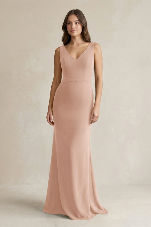 V - Neck Sheath Satin Maxi Bridesmaid Dress in Champagne Rose - KissProm Bridesmaid Dresses