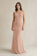 V - Neck Sheath Satin Maxi Bridesmaid Dress in Champagne Rose - KissProm Bridesmaid Dresses