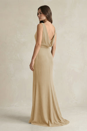 V - Neck Sheath Satin Maxi Bridesmaid Dress in Champagne - KissProm Bridesmaid Dresses