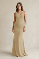 V - Neck Sheath Satin Maxi Bridesmaid Dress in Champagne - KissProm Bridesmaid Dresses