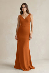 V - Neck Sheath Satin Maxi Bridesmaid Dress in Cinnamon - KissProm Bridesmaid Dresses