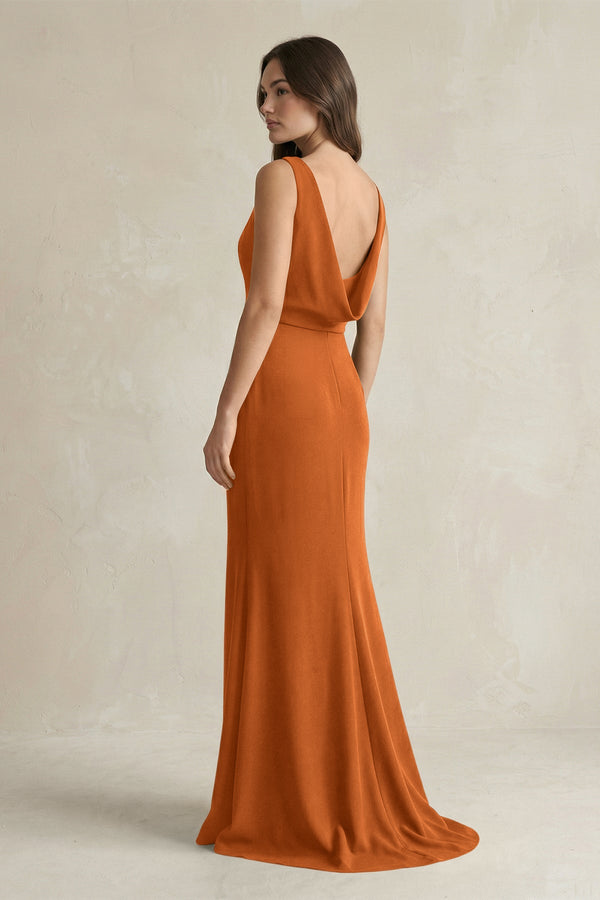 V - Neck Sheath Satin Maxi Bridesmaid Dress in Cinnamon - KissProm Bridesmaid Dresses