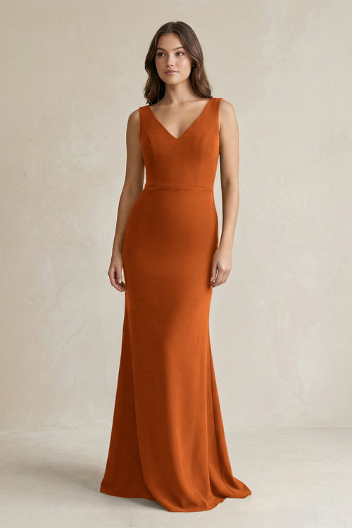 cinnamon bridesmaid dresses V-Neck Sheath Satin Maxi Bridesmaid Dress in Cinnamon