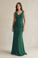 V - Neck Sheath Satin Maxi Bridesmaid Dress in Dark Green - KissProm Bridesmaid Dresses