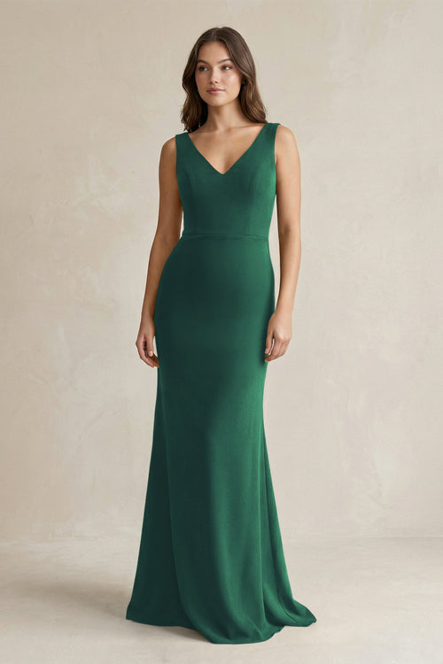 V - Neck Sheath Satin Maxi Bridesmaid Dress in Dark Green - KissProm Bridesmaid Dresses