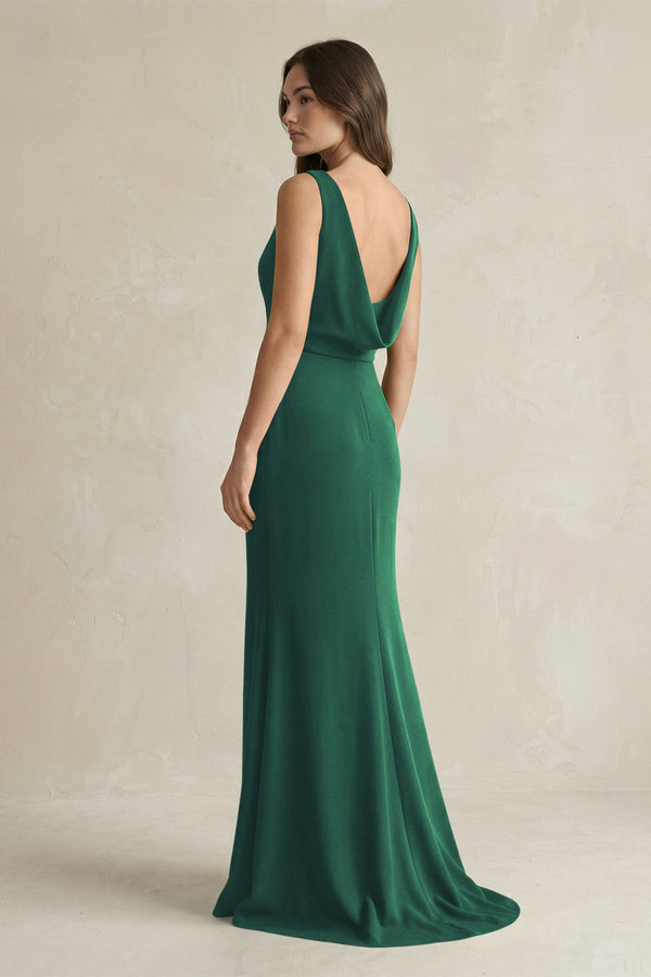 V - Neck Sheath Satin Maxi Bridesmaid Dress in Dark Green - KissProm Bridesmaid Dresses