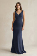 V - Neck Sheath Satin Maxi Bridesmaid Dress in Dark Navy - KissProm Bridesmaid Dresses