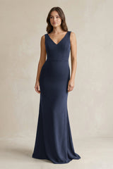 V - Neck Sheath Satin Maxi Bridesmaid Dress in Dark Navy - KissProm Bridesmaid Dresses