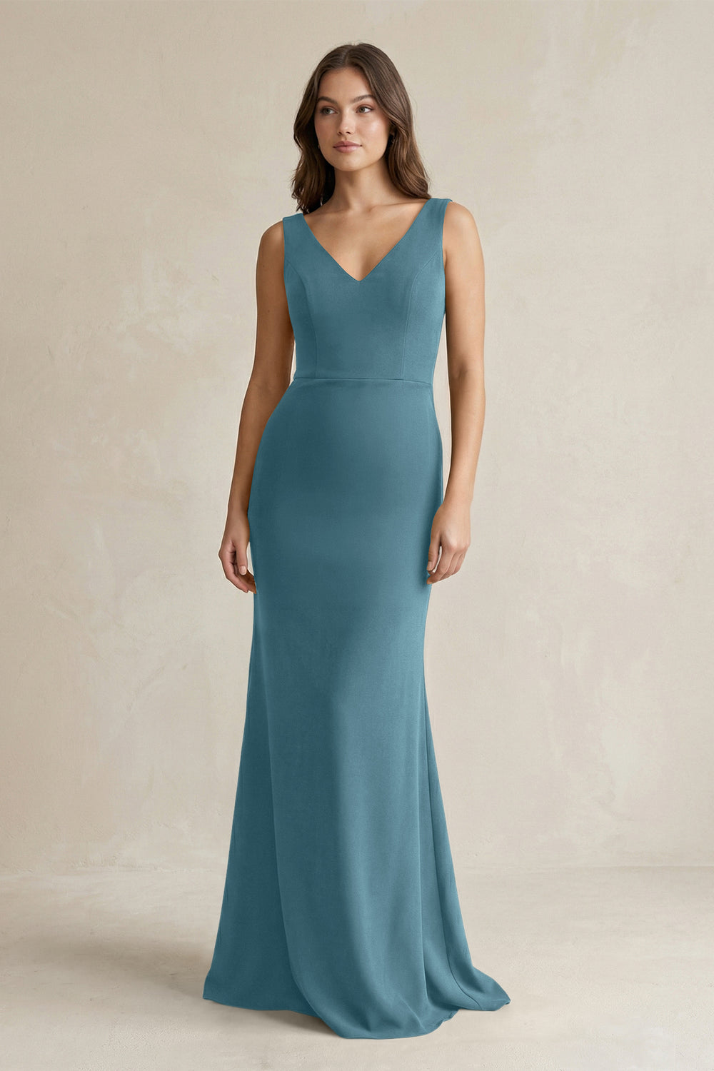 V - Neck Sheath Satin Maxi Bridesmaid Dress in Dark Teal - KissProm Bridesmaid Dresses