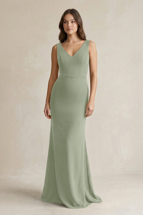 V - Neck Sheath Satin Maxi Bridesmaid Dress in Dove Gray - KissProm Bridesmaid Dresses