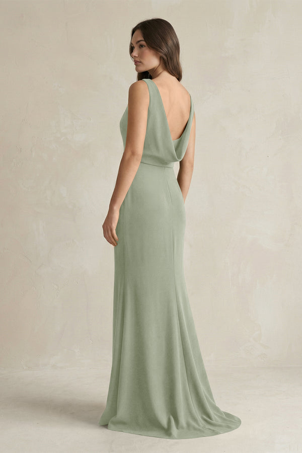 V - Neck Sheath Satin Maxi Bridesmaid Dress in Dove Gray - KissProm Bridesmaid Dresses
