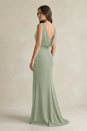 V - Neck Sheath Satin Maxi Bridesmaid Dress in Dove Gray - KissProm Bridesmaid Dresses