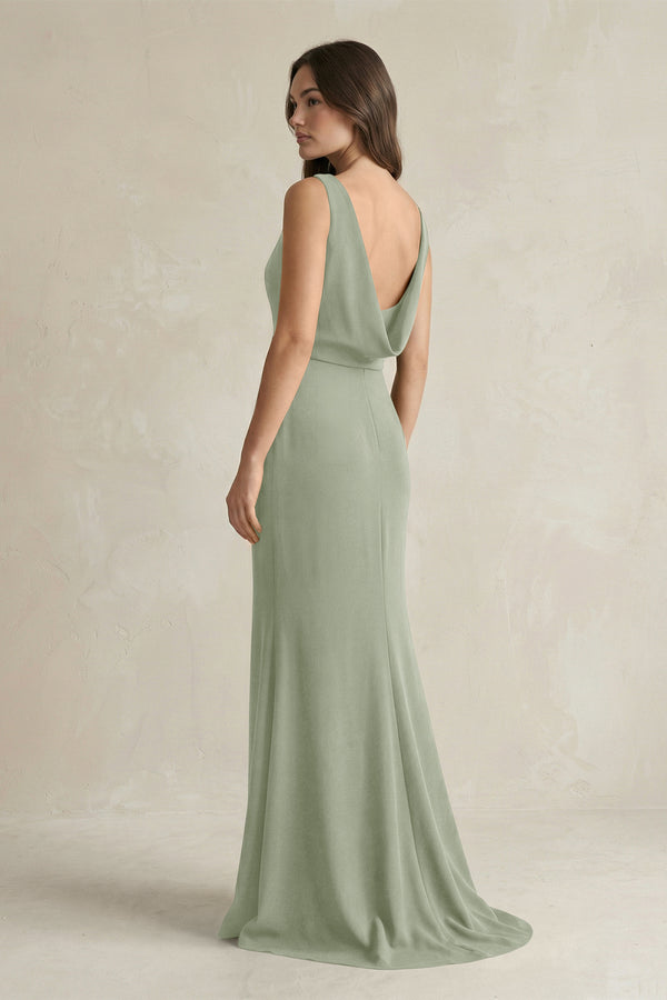 V - Neck Sheath Satin Maxi Bridesmaid Dress in Dove Gray - KissProm Bridesmaid Dresses
