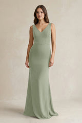V - Neck Sheath Satin Maxi Bridesmaid Dress in Dove Gray - KissProm Bridesmaid Dresses