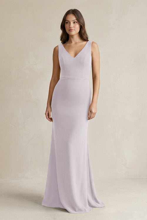 V - Neck Sheath Satin Maxi Bridesmaid Dress in Dusk - KissProm Bridesmaid Dresses