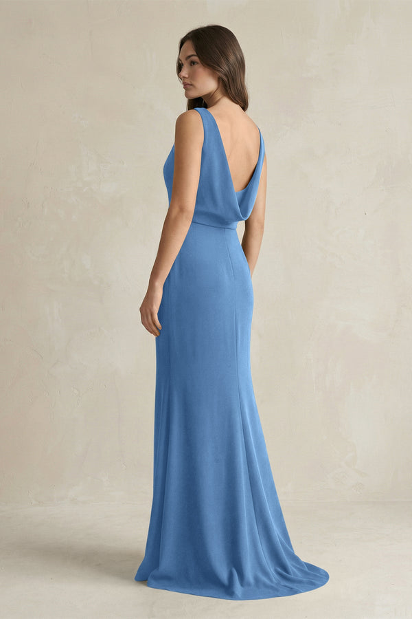 V - Neck Sheath Satin Maxi Bridesmaid Dress in Dusty Blue - KissProm Bridesmaid Dresses
