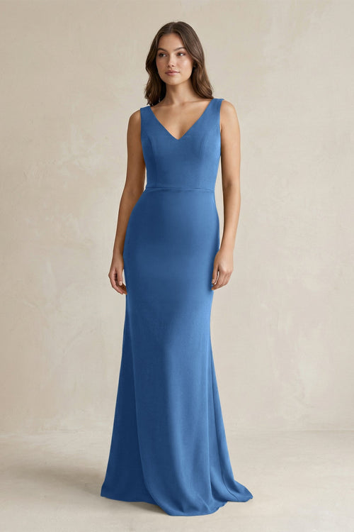 dusty blue satin maxi dress V-Neck Sheath Satin Maxi Bridesmaid Dress in Dusty Blue