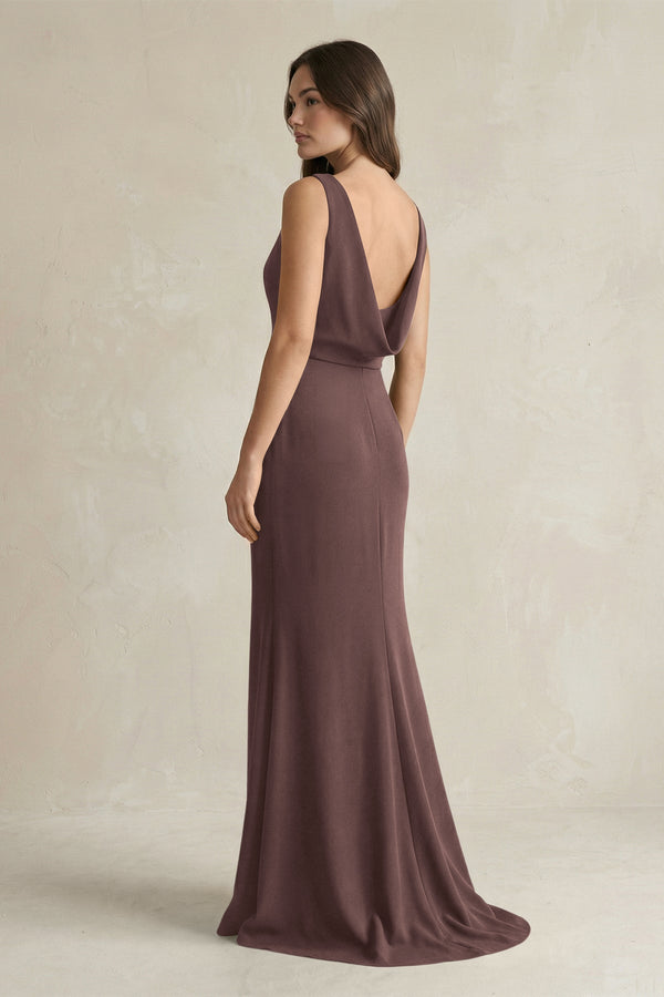 V - Neck Sheath Satin Maxi Bridesmaid Dress in Espresso - KissProm Bridesmaid Dresses