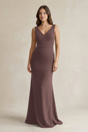 V - Neck Sheath Satin Maxi Bridesmaid Dress in Espresso - KissProm Bridesmaid Dresses
