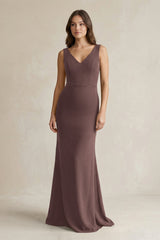 V - Neck Sheath Satin Maxi Bridesmaid Dress in Espresso - KissProm Bridesmaid Dresses