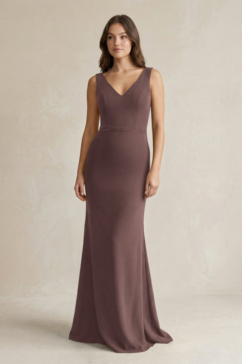 V - Neck Sheath Satin Maxi Bridesmaid Dress in Espresso - KissProm Bridesmaid Dresses