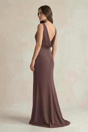 V - Neck Sheath Satin Maxi Bridesmaid Dress in Espresso - KissProm Bridesmaid Dresses