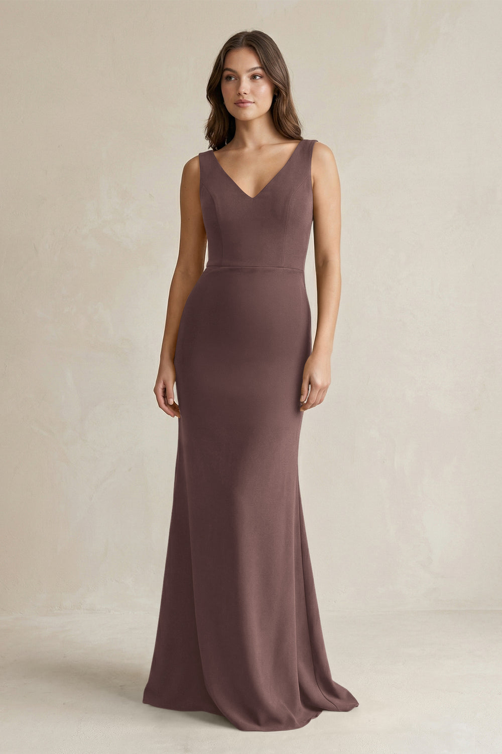 V - Neck Sheath Satin Maxi Bridesmaid Dress in Espresso - KissProm Bridesmaid Dresses