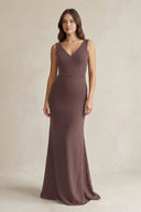 V - Neck Sheath Satin Maxi Bridesmaid Dress in Espresso - KissProm Bridesmaid Dresses