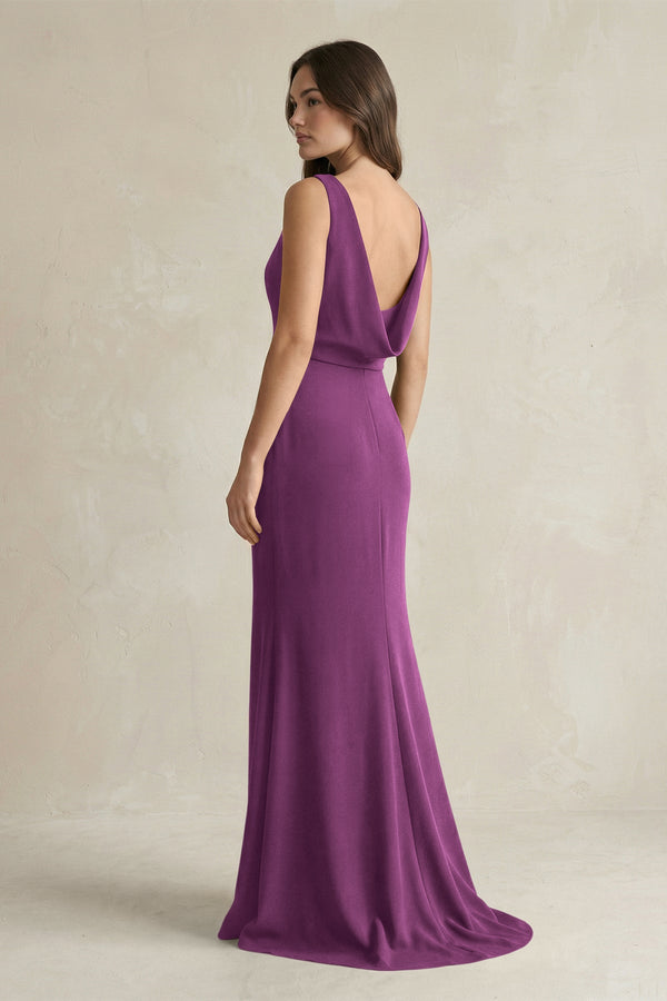 V - Neck Sheath Satin Maxi Bridesmaid Dress in Fig - KissProm Bridesmaid Dresses