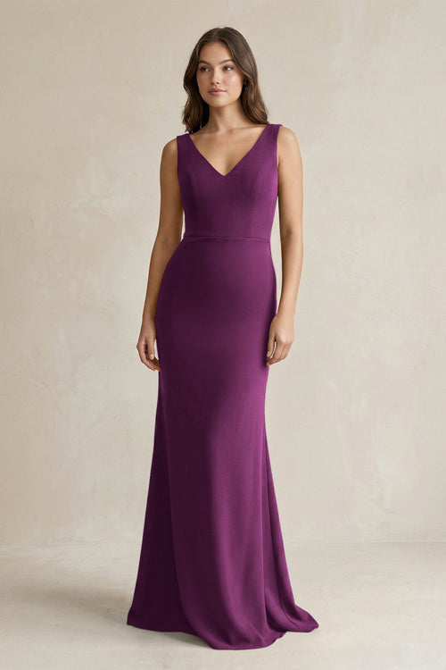 fig maxi dress V-Neck Sheath Satin Maxi Bridesmaid Dress in Fig