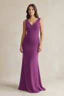 V - Neck Sheath Satin Maxi Bridesmaid Dress in Fig - KissProm Bridesmaid Dresses