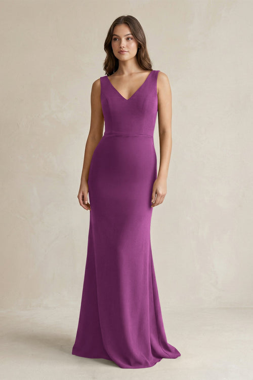 V - Neck Sheath Satin Maxi Bridesmaid Dress in Fig - KissProm Bridesmaid Dresses
