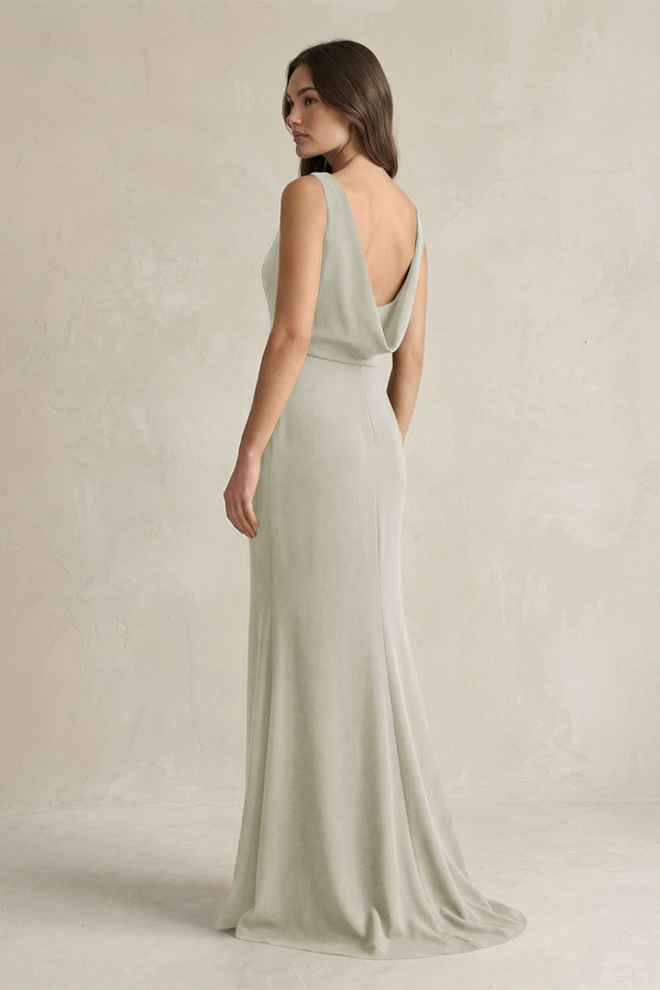 V - Neck Sheath Satin Maxi Bridesmaid Dress in Frost - KissProm Bridesmaid Dresses
