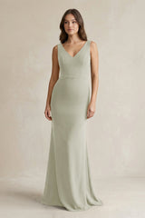 V - Neck Sheath Satin Maxi Bridesmaid Dress in Frost - KissProm Bridesmaid Dresses