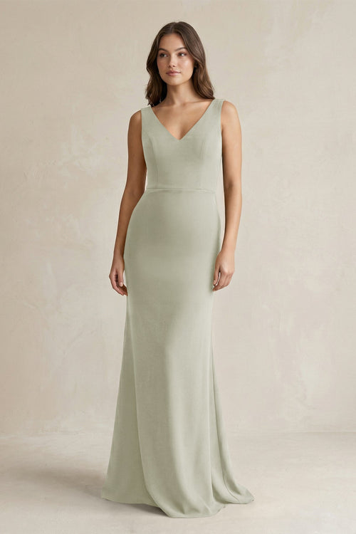 V - Neck Sheath Satin Maxi Bridesmaid Dress in Frost - KissProm Bridesmaid Dresses