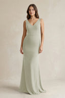 V - Neck Sheath Satin Maxi Bridesmaid Dress in Frost - KissProm Bridesmaid Dresses